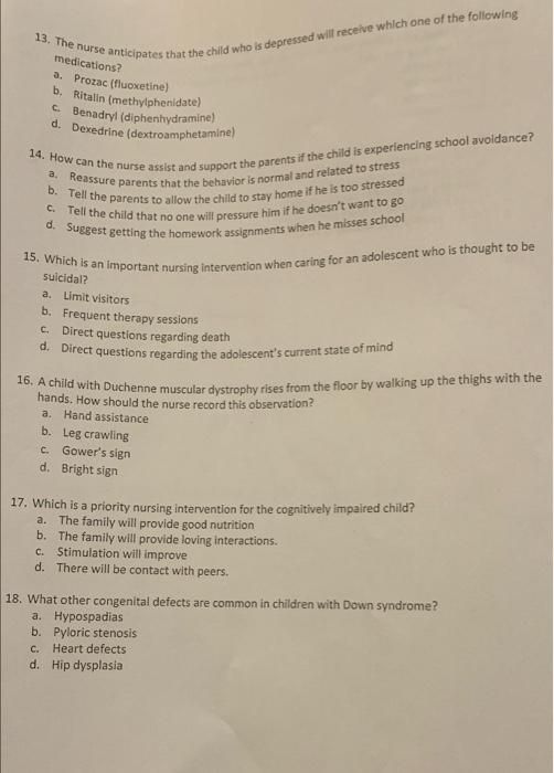 13 The Nurse Anticipates That The Child Who Is Depressed Will Receive Which One Of The Following Medications A Prozac 1