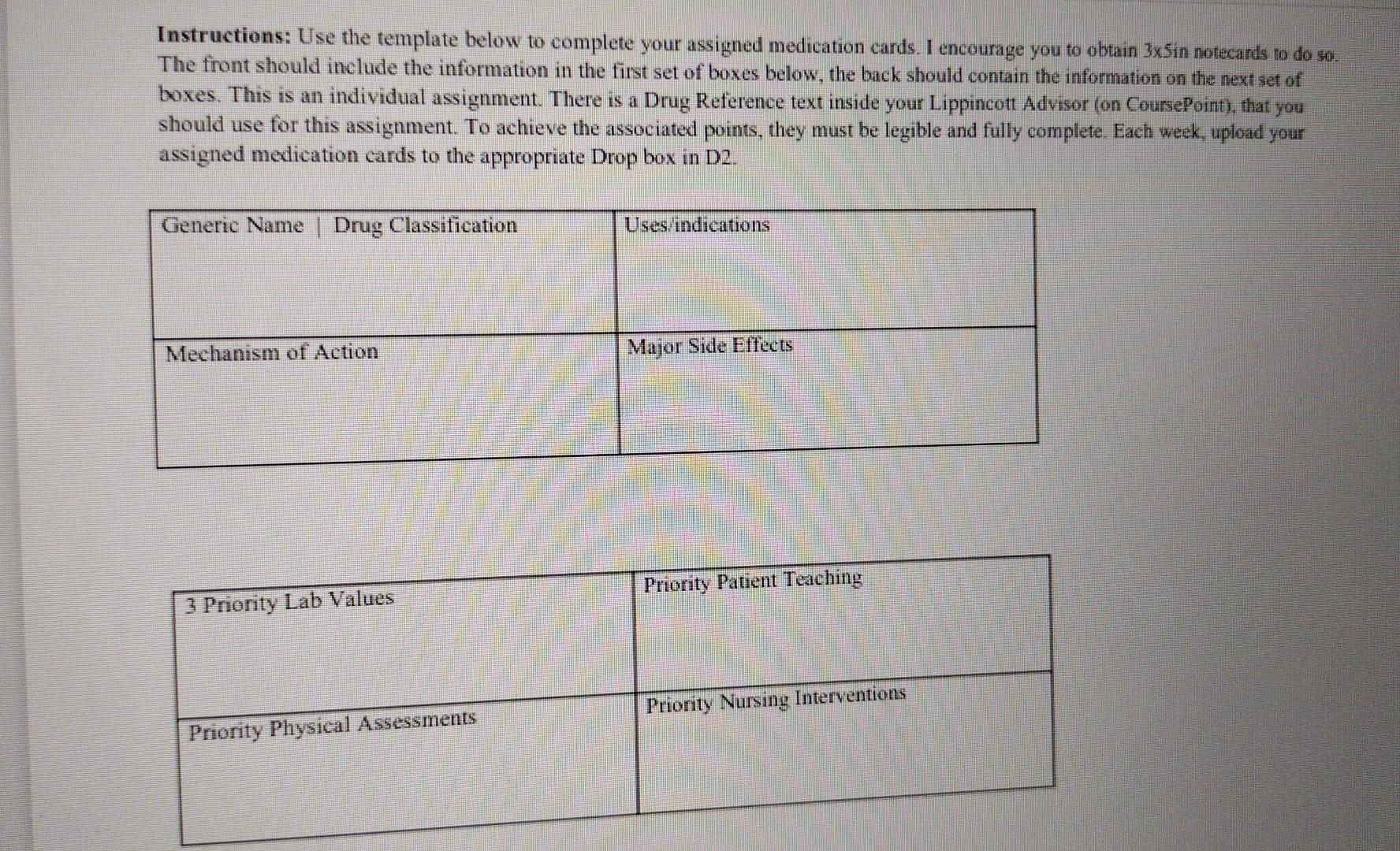 Instructions Use The Template Below To Complete Your Assigned Medication Cards I Encourage You To Obtain 3xsin Notecar 1