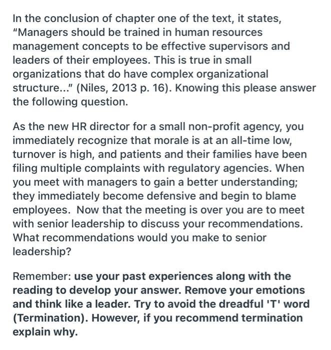 In The Conclusion Of Chapter One Of The Text It States Managers Should Be Trained In Human Resources Management Conce 1