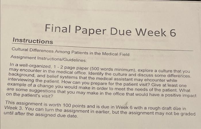 Final Paper Due Week 6 Instructions Cultural Differences Among Patients In The Medical Field Assignment Instructions Gui 1