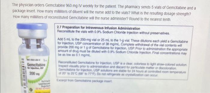 The Physician Orders Gemcitabine 960 Mg Iv Weekly For The Patient The Pharmacy Sends 5 Vials Of Gemcitabine And A Packa 1
