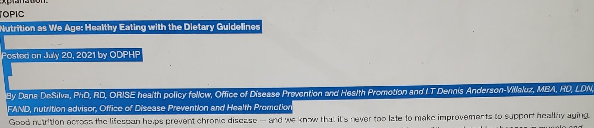 Topic Nutrition As We Age Healthy Eating With The Dietary Guidelines Posted On July 20 2021 By Odphp By Dana De Silva 1