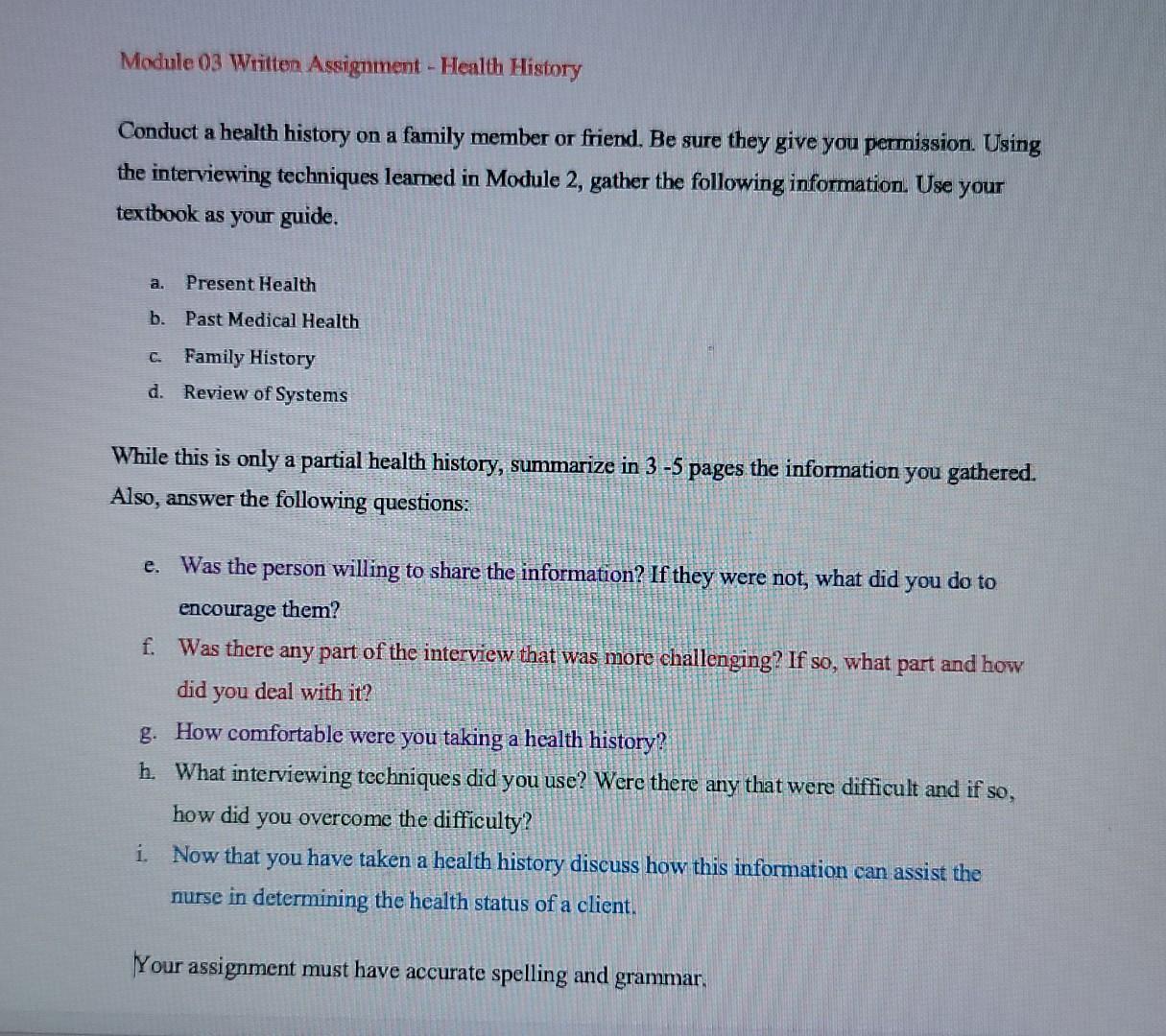Module 03 Written Assignment Health History Conduct A Health History On A Family Member Or Friend Be Sure They Give Y 1