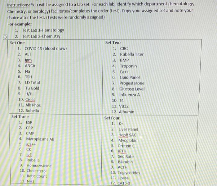 Instructions You Will Be Assigned To A Lab Set For Each Lab Identify Which Department Hematology Chemistry Or Sero 1