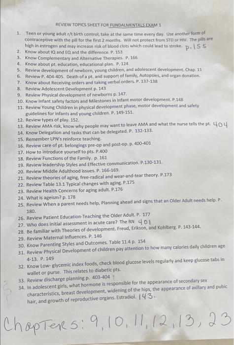 P 155 Review Topics Sheet For Fundalmentals Exam 1 1 Teen Or Young Adult T T Birth Control Take At The Same Time Ever 2