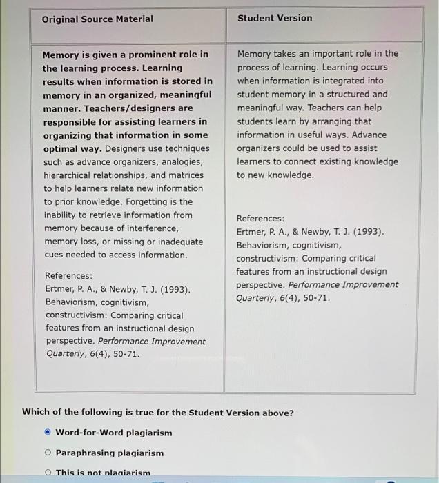 Original Source Material Student Version Memory Takes An Important Role In The Process Of Learning Learning Occurs When 1