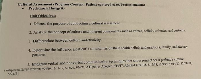 Cultural Assessment Program Concept Patient Centered Care Professionalism Psychosocial Integrity Unit Objectives 1 1