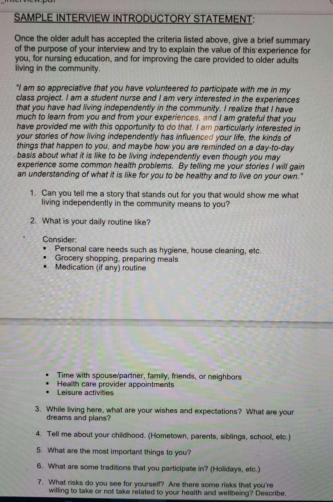 Sample Interview Introductory Statement Once The Older Adult Has Accepted The Criteria Listed Above Give A Brief Summa 1