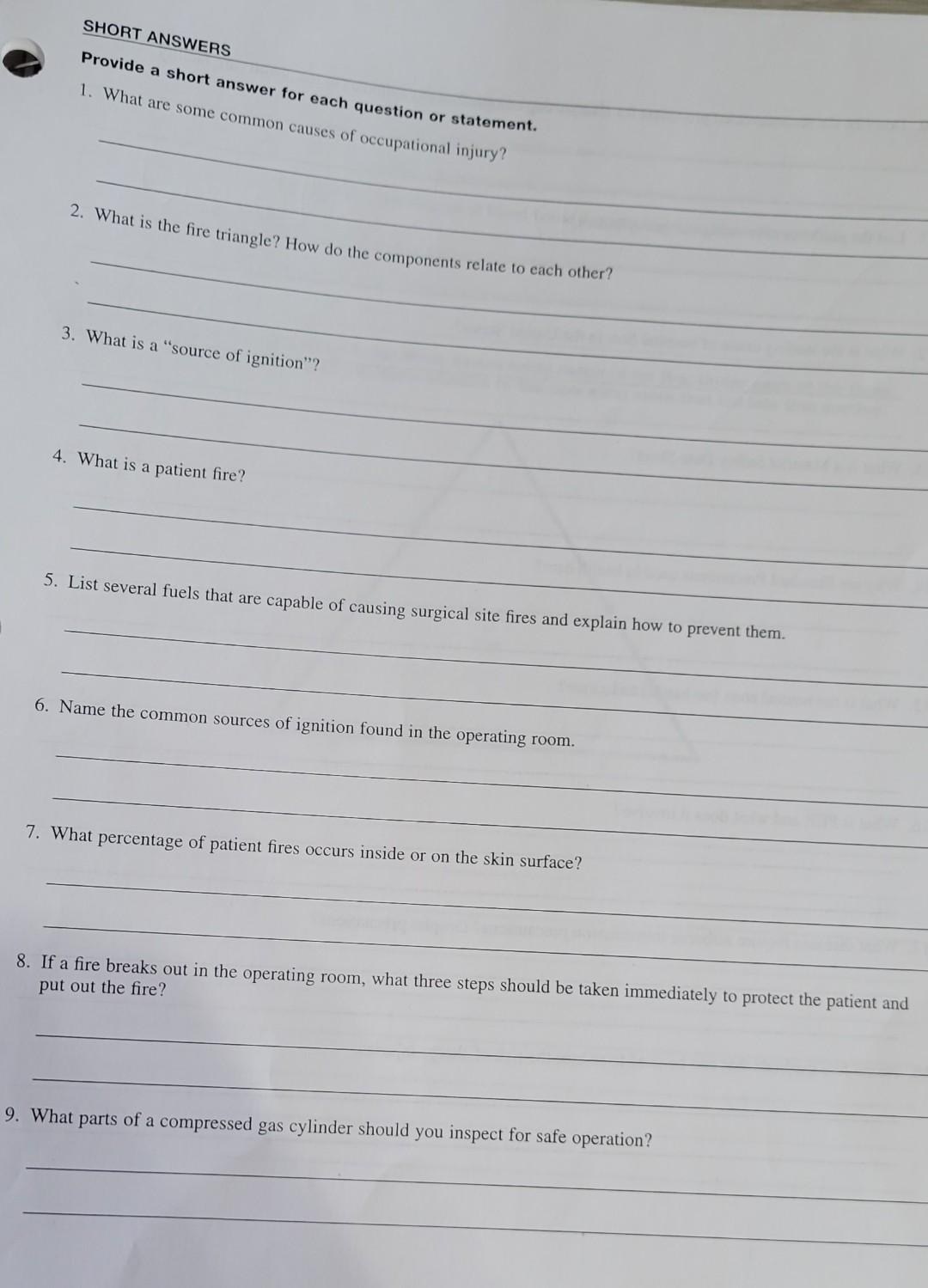 Short Answers Provide A Short Answer For Each Question Or Statement 1 What Are Some Common Causes Of Occupational Inju 1