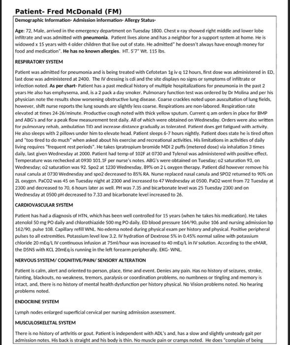 Patient Fred Mcdonald Fm Demographic Information Admission Information Allergy Status Age 72 Male Arrived In The 1