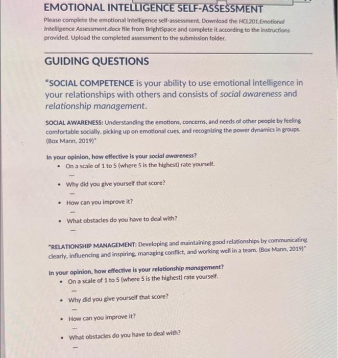 Emotional Intelligence Self Assessment Please Complete The Emotional Intelligence Self Assessment Download The Hcl 201 1