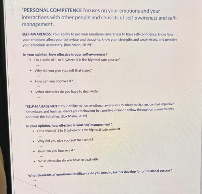 Personal Competence Focuses On Your Emotions And Your Interactions With Other People And Consists Of Self Awareness And 1