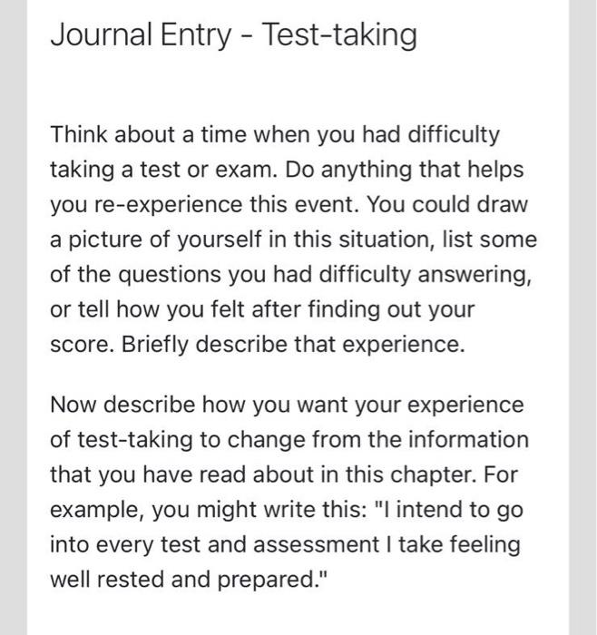 Journal Entry Test Taking Think About A Time When You Had Difficulty Taking A Test Or Exam Do Anything That Helps You 1