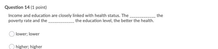 Question 14 1 Point Income And Education Are Closely Linked With Health Status The Poverty Rate And The The Education 3