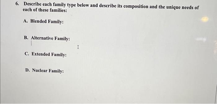6 Describe Each Family Type Below And Describe Its Composition And The Unique Needs Of Each Of These Families A Blend 1