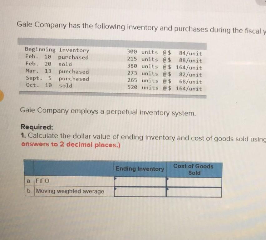 Gale company has the following inventory and purchases during the