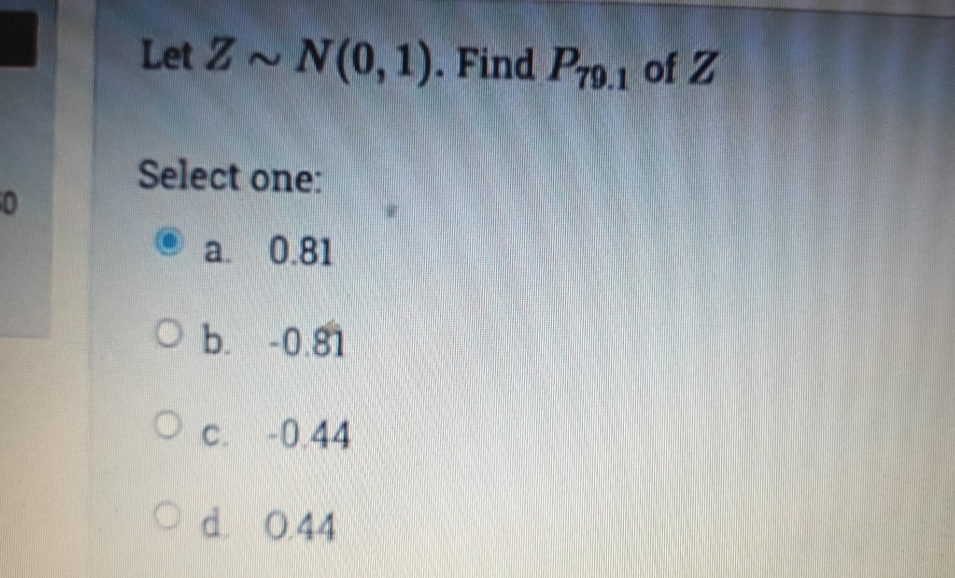 Let Z N 0 1 Find Pro Of Z Select One 0 A 0 81 Ob 0 81 Och 0 44 Od 044 1