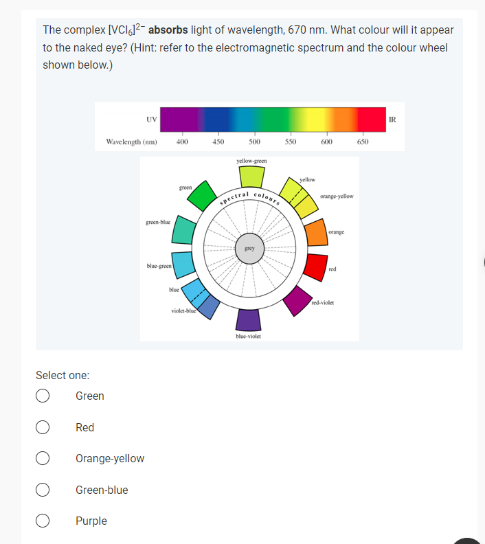 The Complex Vc16 Absorbs Light Of Wavelength 670 Nm What Colour Will It Appear To The Naked Eye Hint Refer To T 1
