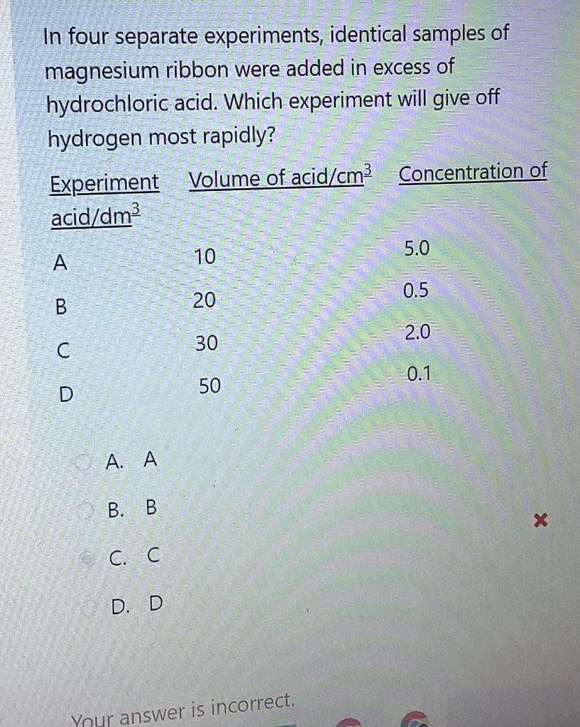 In Four Separate Experiments Identical Samples Of Magnesium Ribbon Were Added In Excess Of Hydrochloric Acid Which Exp 1