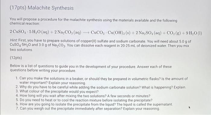 17pts Malachite Synthesis You Will Propose A Procedure For The Malachite Synthesis Using The Materials Available And 1
