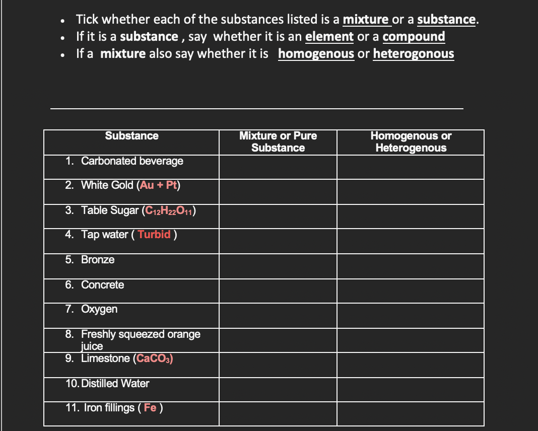 Tick Whether Each Of The Substances Listed Is A Mixture Or A Substance If It Is A Substance Say Whether It Is An El 1