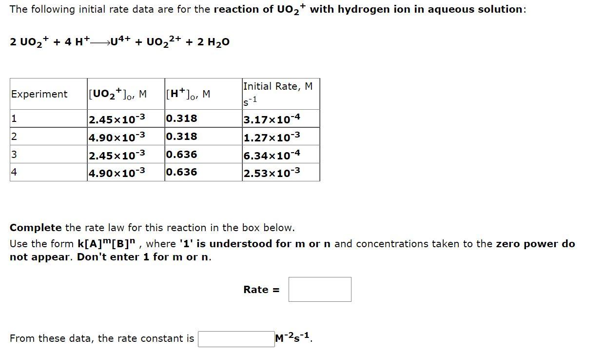 The Following Initial Rate Data Are For The Reaction Of Uo2 With Hydrogen Ion In Aqueous Solution 2 002 4h U4 U 1