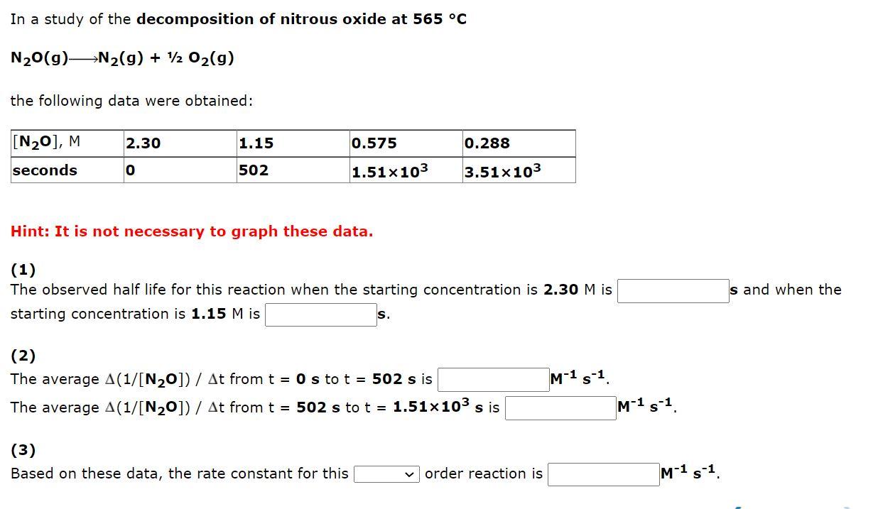 In A Study Of The Decomposition Of Nitrous Oxide At 565 C N20 G N2 G 1 2o2 G The Following Data Were Obtained N 1