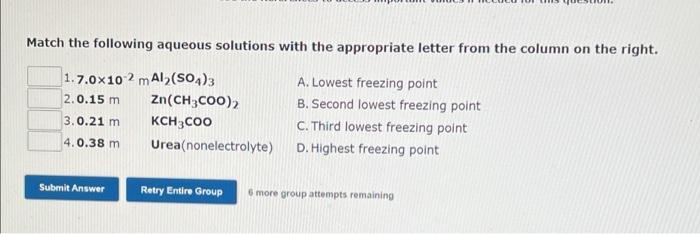 Match The Following Aqueous Solutions With The Appropriate Letter From The Column On The Right 1 7 0x102 M Al So4 3 2 0 1