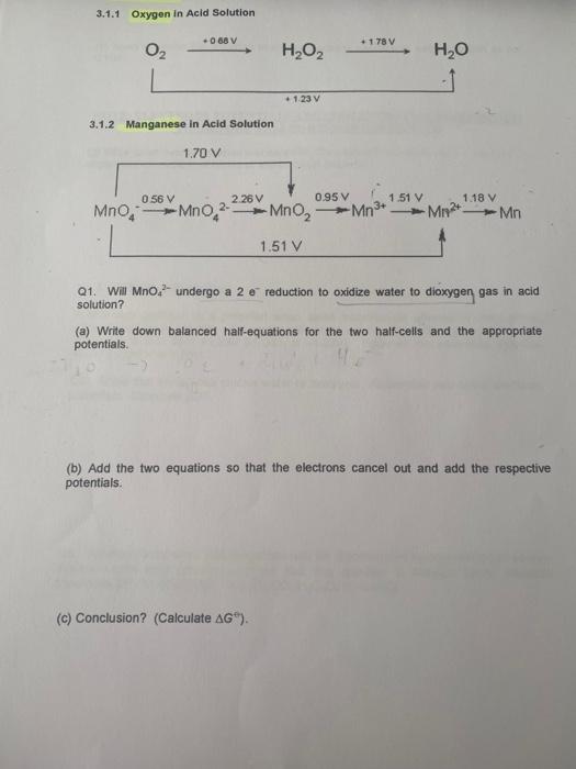 3 1 1 Oxygen In Acid Solution 068 V 1787 02 H2o2 H2o 1 23 V 3 1 2 Manganese In Acid Solution 1 70 V Mno 056 V 2 26 1