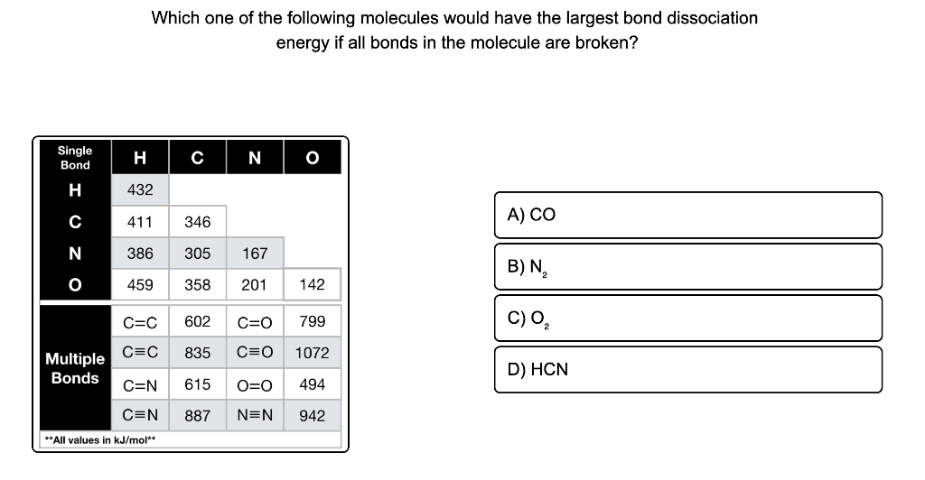 Which One Of The Following Molecules Would Have The Largest Bond Dissociation Energy If All Bonds In The Molecule Are Br 1