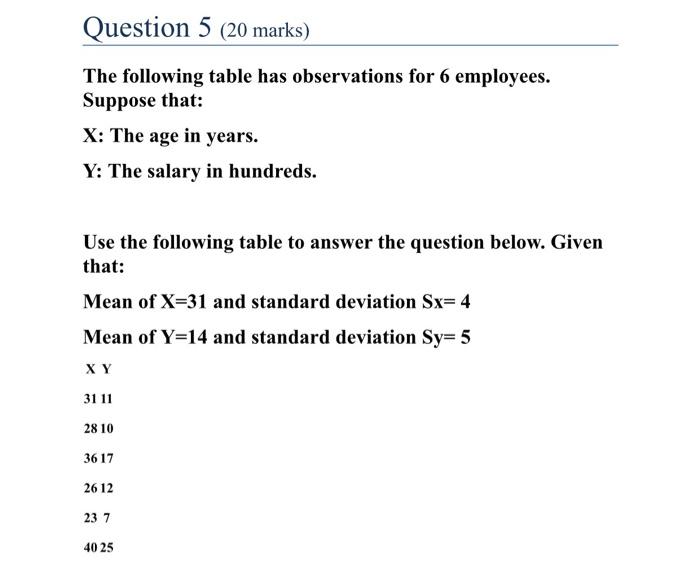 Question 5 20 Marks The Following Table Has Observations For 6 Employees Suppose That X The Age In Years Y The Sa 1