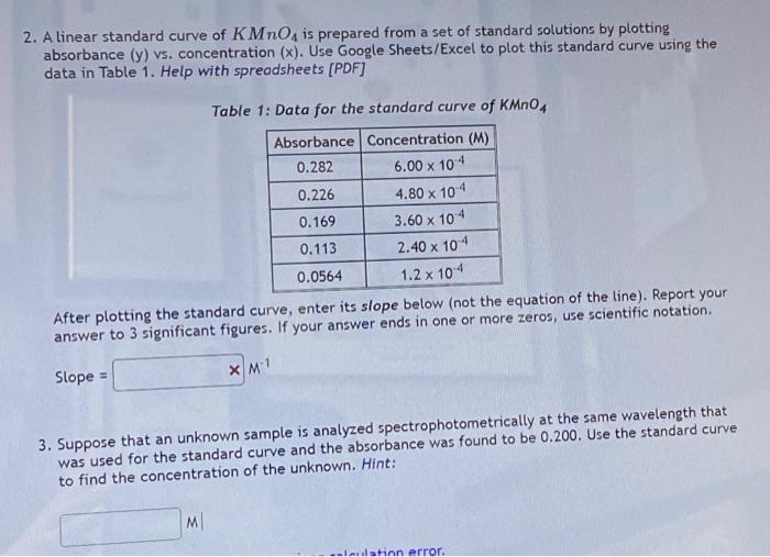 2 A Linear Standard Curve Of Kmno4 Is Prepared From A Set Of Standard Solutions By Plotting Absorbance Y Vs Concentr 1