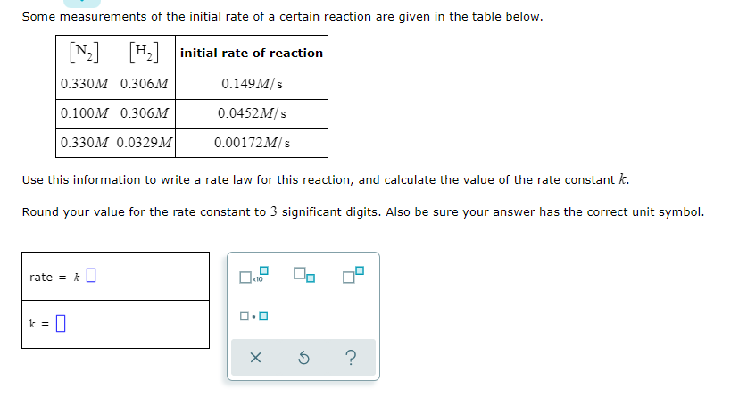 Some Measurements Of The Initial Rate Of A Certain Reaction Are Given In The Table Below Nz H Initial Rate Of React 1