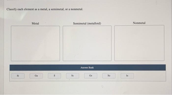 Classify Each Element As A Metal A Semimetal Or A Nonmetal Metal Semimetal Metalloid Nonmetal Answer Bank Si Cla S 1