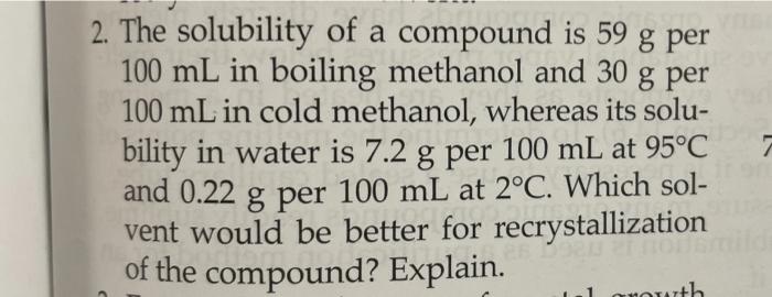 2 The Solubility Of A Compound Is 59 8 Per 100 Ml In Boiling Methanol And 30 G Per 100 Ml In Cold Methanol Whereas Its 1