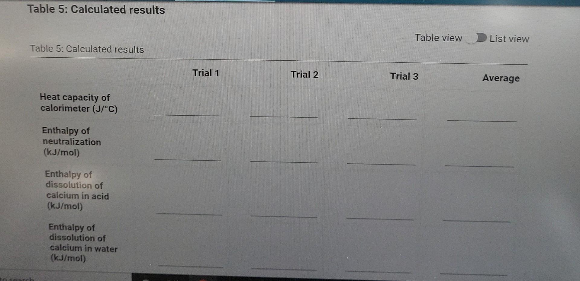Table 1 Calorimeter Heat Capacity Measurements Table 1 Calorimeter Heat Capacity Measurements Trial 1 Trial 2 Trial 3 5