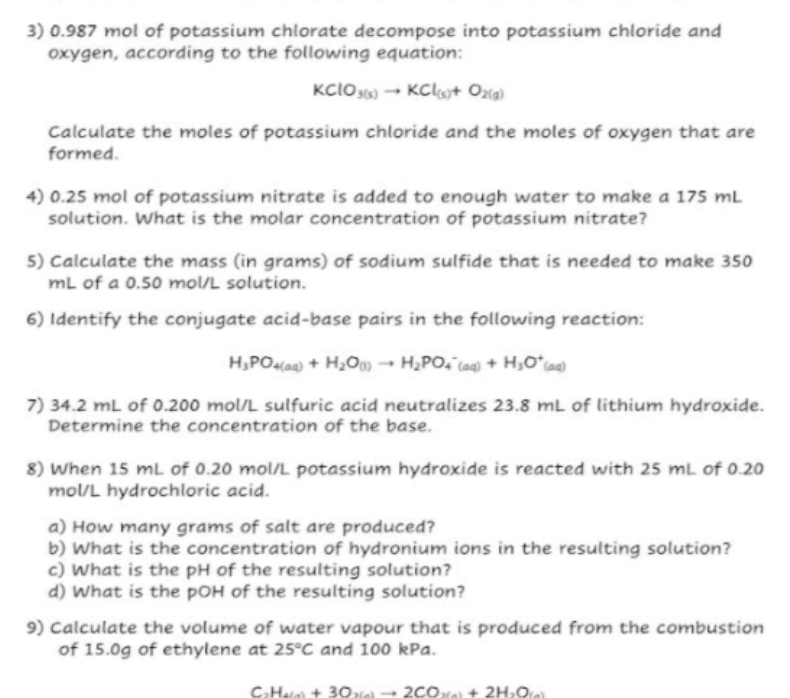 3 0 987 Mol Of Potassium Chlorate Decompose Into Potassium Chloride And Oxygen According To The Following Equation Kc 1