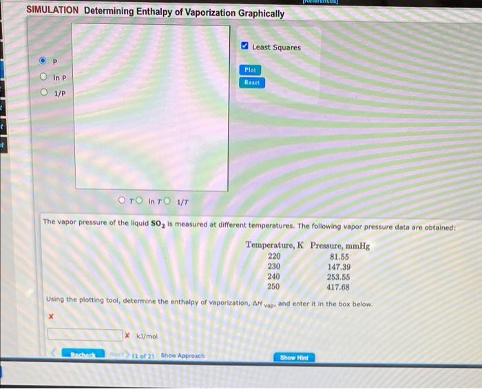 Lo Simulation Determining Enthalpy Of Vaporization Graphically Least Squares Plot Ooo In P Reset O 1 P Oto I To 1 1 The 1