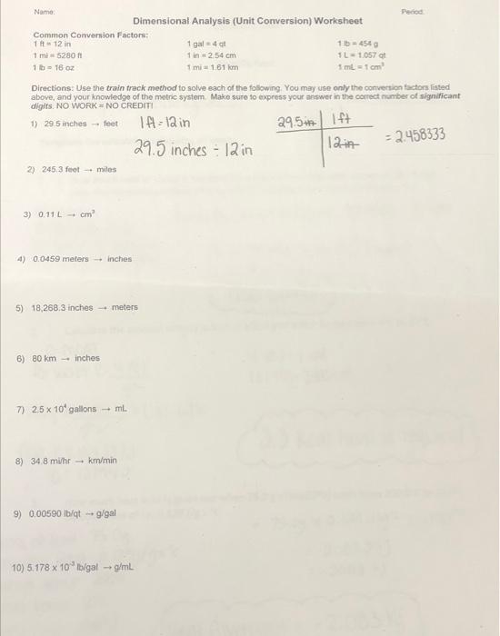 Period Name Dimensional Analysis Unit Conversion Worksheet Common Conversion Factors 11 12 In 1 Gal 40 154540 1 Mi52 1