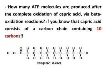 How Many Atp Molecules Are Produced After The Complete Oxidation Of Capric Acid Via Beta Oxidation Reactions If You 1