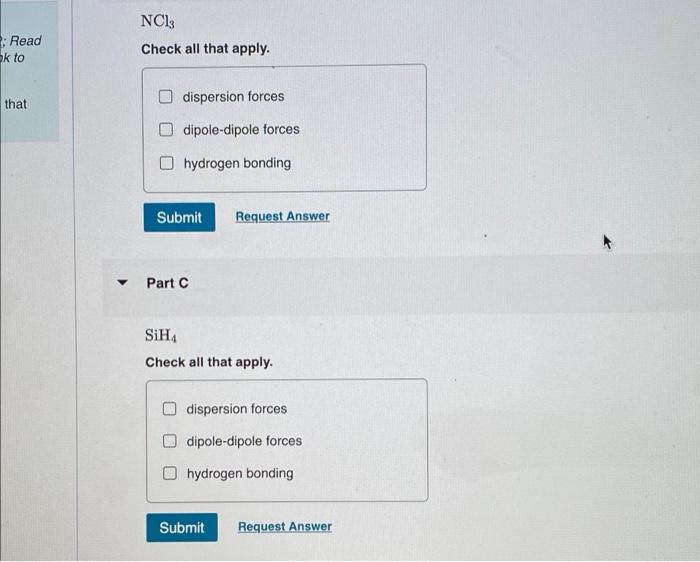 Read K To Ncl3 Check All That Apply That Dispersion Forces Dipole Dipole Forces Hydrogen Bonding Submit Request Answer 1