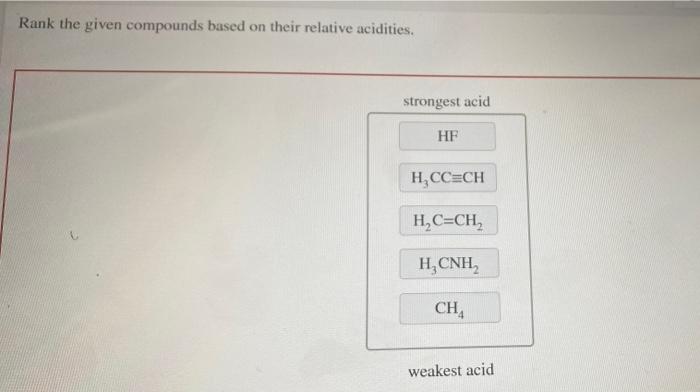Rank The Given Compounds Based On Their Relative Acidities Strongest Acid Hf H Cc Ch H C Ch Hcnh Ch Weakest Acid 1