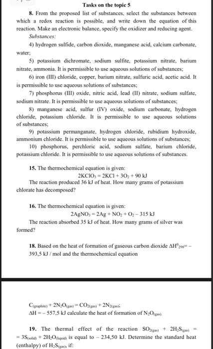Tasks On The Topic 5 8 From The Proposed List Of Substances Select The Substances Between Which A Redox Reaction Is Po 1
