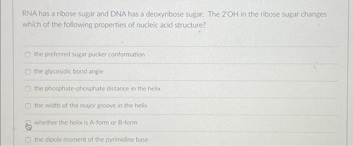 Rna Has A Ribose Sugar And Dna Has A Deoxyribose Sugar The 2oh In The Ribose Sugar Changes Which Of The Following Prope 1