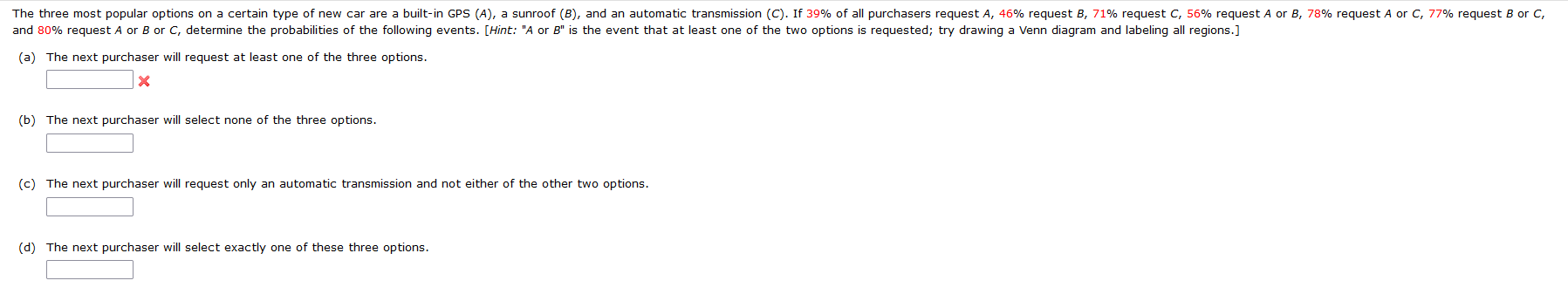 The Three Most Popular Options On A Certain Type Of New Car Are A Built In Gps A A Sunroof B And An Automatic Tran 1