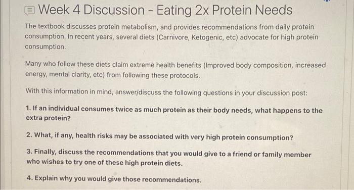 Week 4 Discussion Eating 2x Protein Needs The Textbook Discusses Protein Metabolism And Provides Recommendations From 1