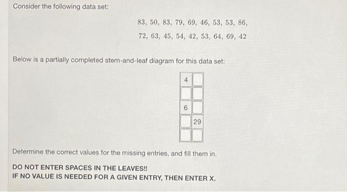 Consider The Following Data Set 83 50 83 79 69 46 53 53 86 72 63 45 54 42 53 64 69 42 Below Is A Parti 1