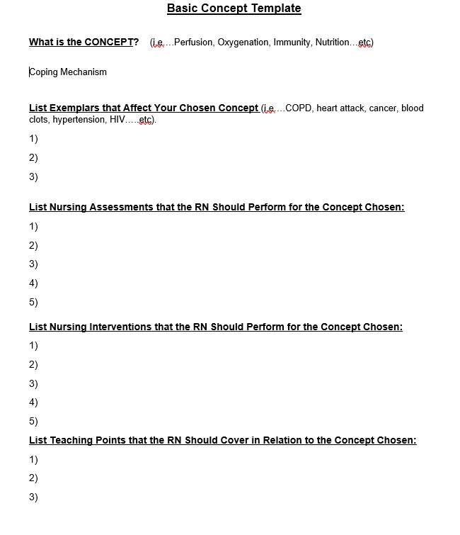 Basic Concept Template What Is The Concept Ie Perfusion Oxygenation Immunity Nutrition Etc Coping Mechanism L 1