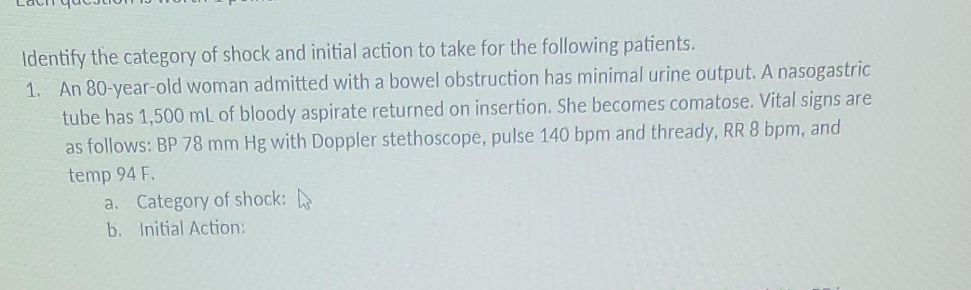 Identify The Category Of Shock And Initial Action To Take For The Following Patients 1 An 80 Year Old Woman Admitted W 1
