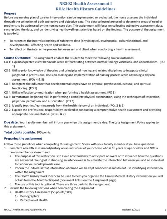 Nr302 Health Assessment Rua Health History Guidelines Purpose Before Any Nursing Plan Of Care Or Intervention Can Be Im 1